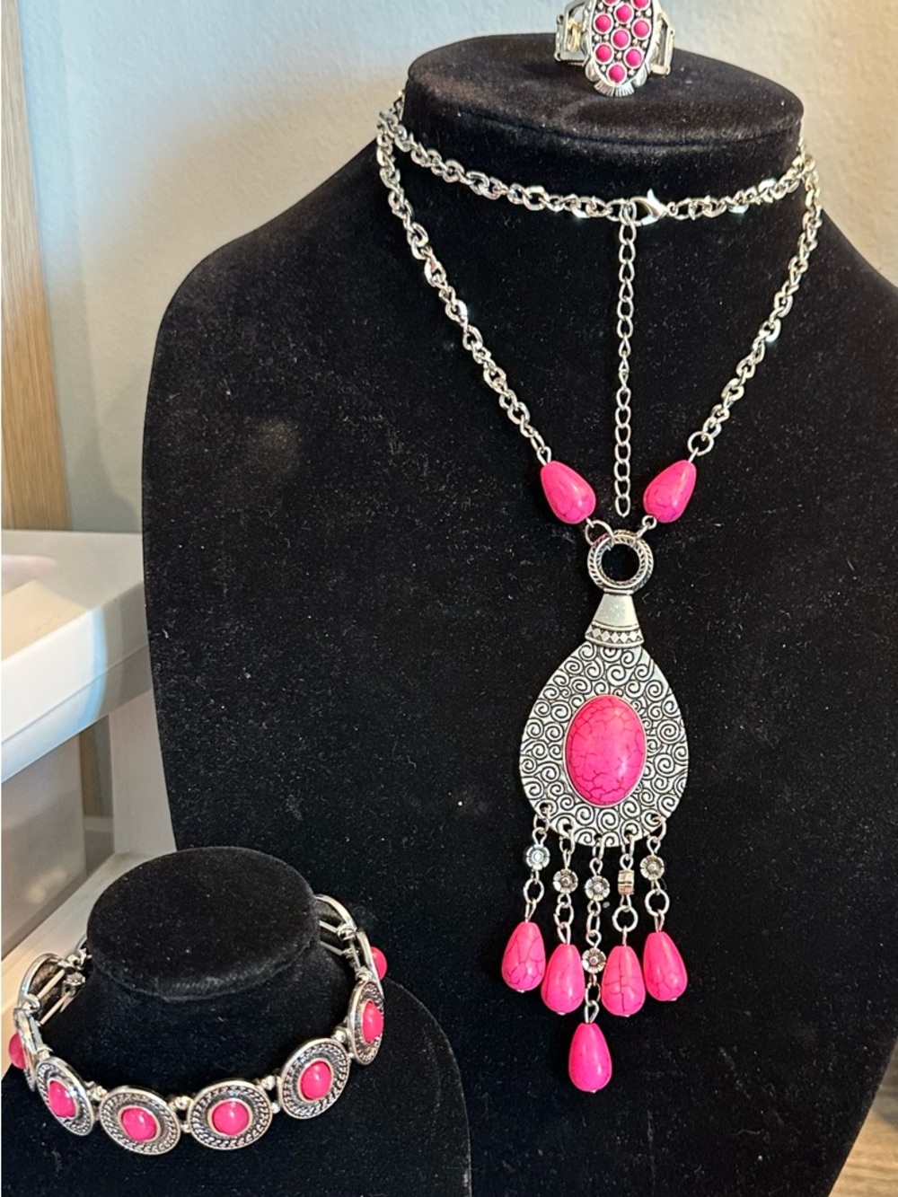 Silver-Tone Pink Stone Pendant Necklace and Bracelet Set